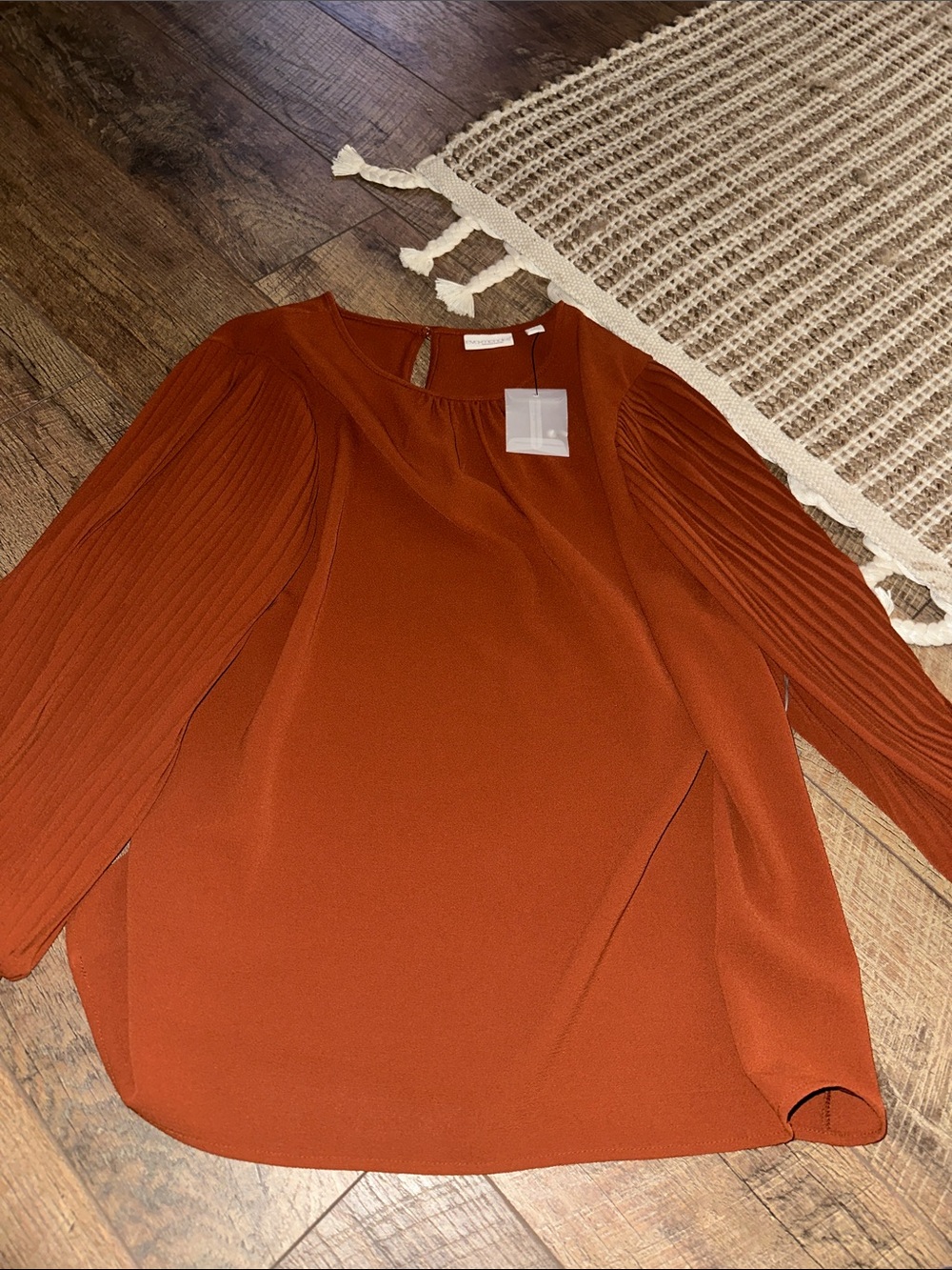 eva mendes for New York & Company Rust Orange Pleated Neck Blouse